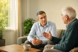 דמנציה התנהגות - פסיכוגריאטר מקשיב לקשיש עם דמנציה בביקור בית